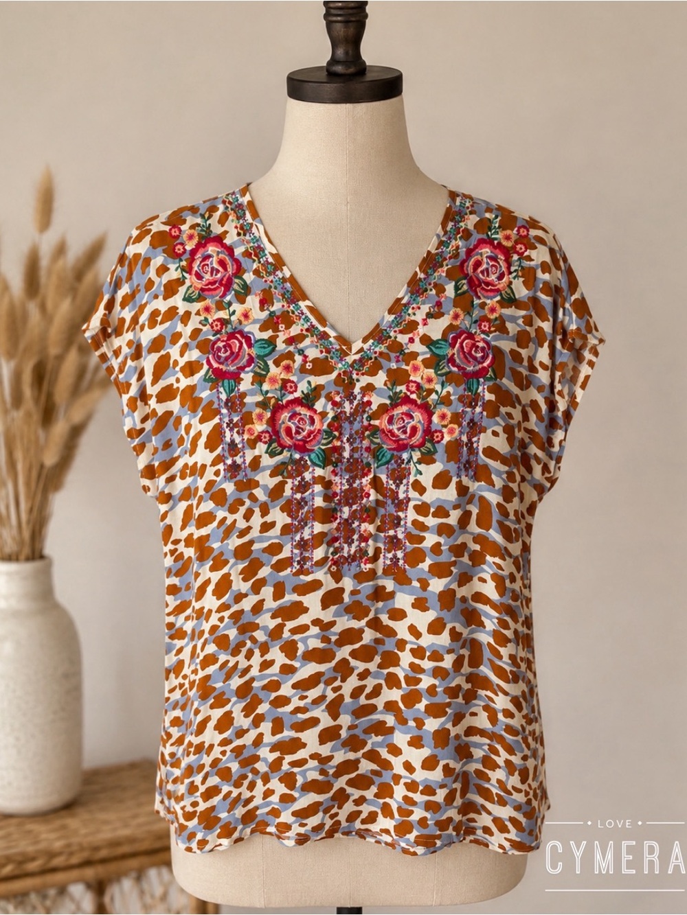 Savannah Jane Embroidered V-Neck Floral & Animal Print Women's Top - Brown